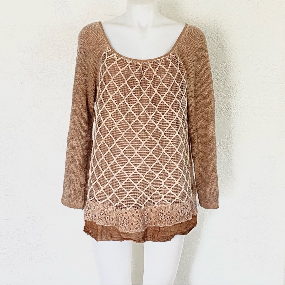 3/$25 Belle France Layered Sweater Tan Brown Mohair Accent‎ M